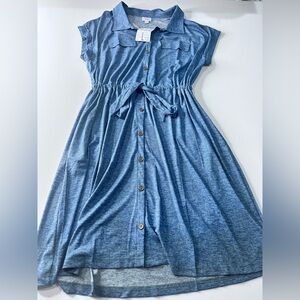 NWT LuLaRoe Large Stacie Blue Button-Front Shirt Dress with Tie Waist